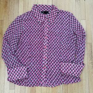 Vintage 70s Mod Blouse Pink Geometric Point Collar Semi Sheer Sz L Chapter One